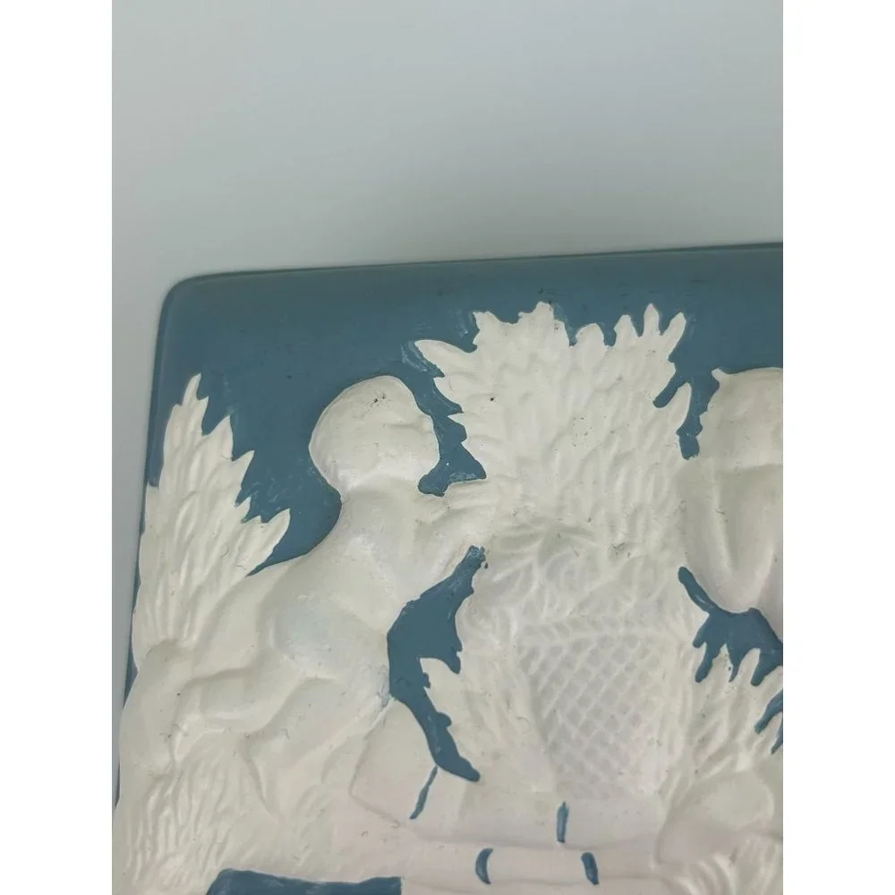 Vintage 1970s Hand Painted Ceramic Lidded Trinket Box Cherubs Angels Blue White